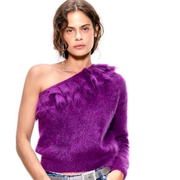 Zara women’s mohair blend soft fuzzy cozy one shoulder ruffle top new lg - Picture 1 of 6